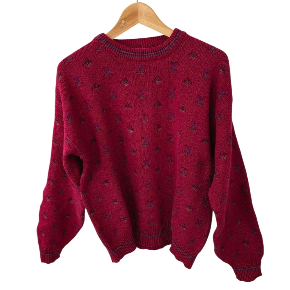 Vintage Isle Of Cotton Pattern Knit Sweater Red Made In USA Size Medium